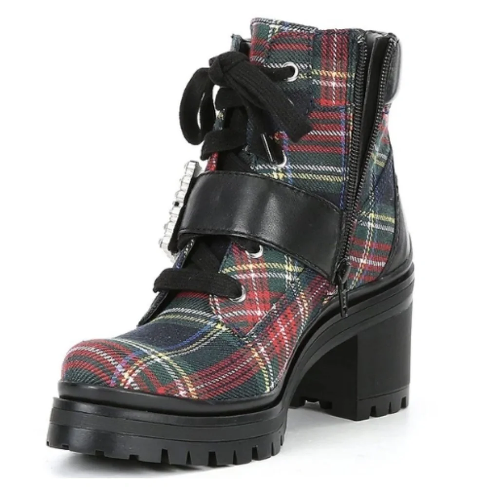 NEW Gianni Bini GB Pop-Star Plaid Rhinestone Buckle Lug Sole Booties